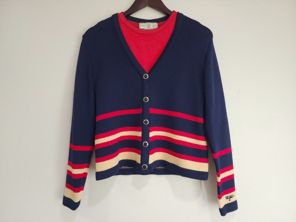ST. JOHN SPORT WOMEN'S SIZE S M STRIPED TWO PIECE CARDIGAN SET BLUE RED WHITE